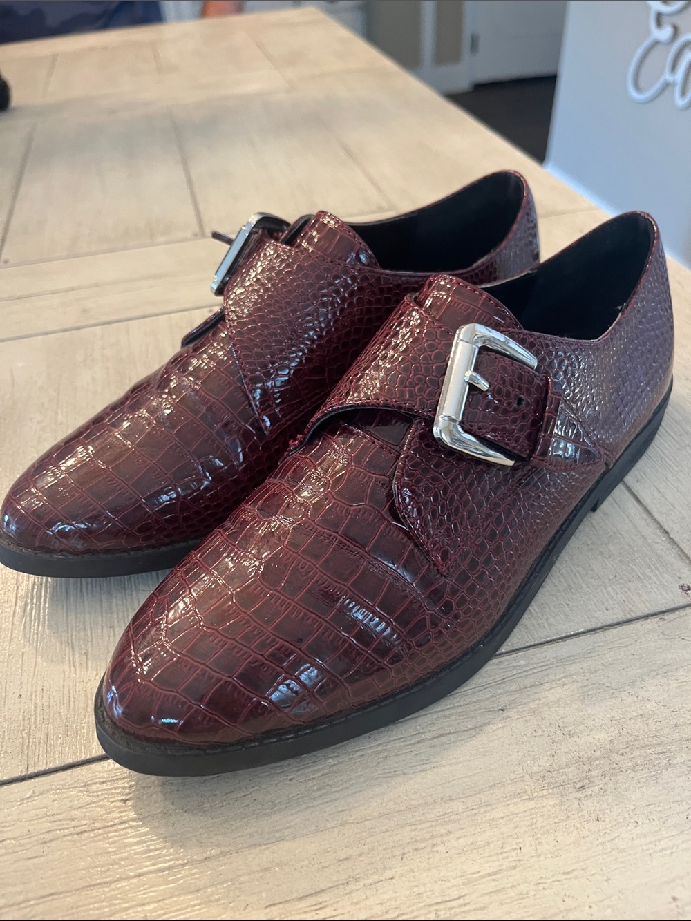Aldo Burgundy Croc-Embossed Buckle Loafers